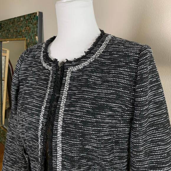 Frenchi Size L Tweed Crop Blazer Jacket Black and White Fringe Trim Preppy Fall - Picture 4 of 10